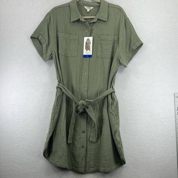 Weatherproof Vintage Gauze Dress Sz L Green Button Front Belted Short Sleeve NWT - Picture 1 of 12